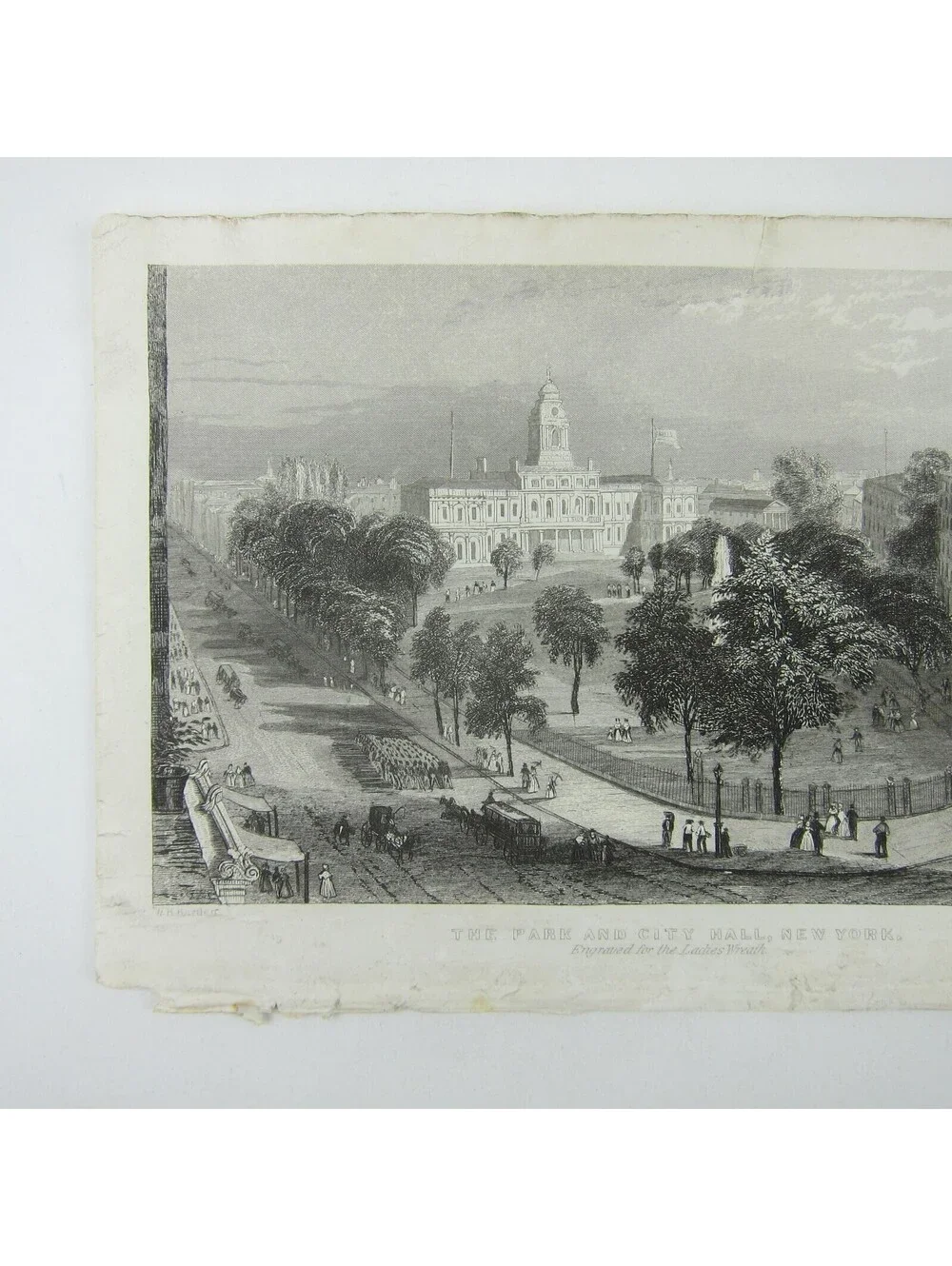 Antique Engraving Print Park & City Hall New York City For Ladies Wreath c1850